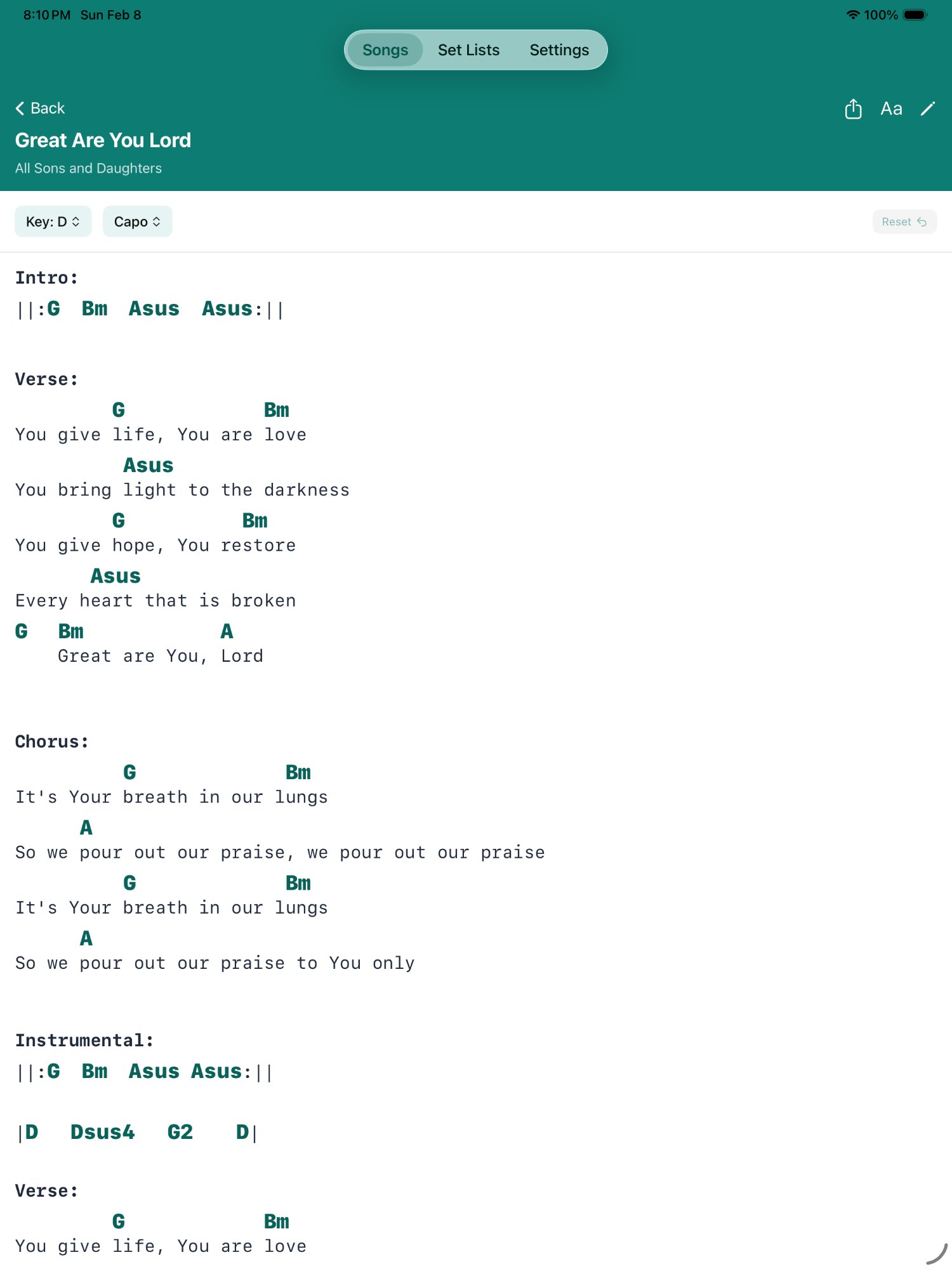 Formatted chord chart display